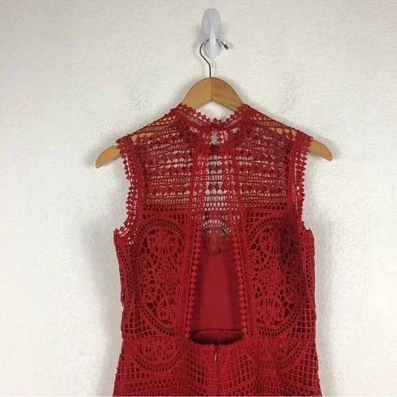 Lovers + Friends Lace Blush Red Crochet Open Back Cocktail Midi Dress Medium - Picture 13 of 15